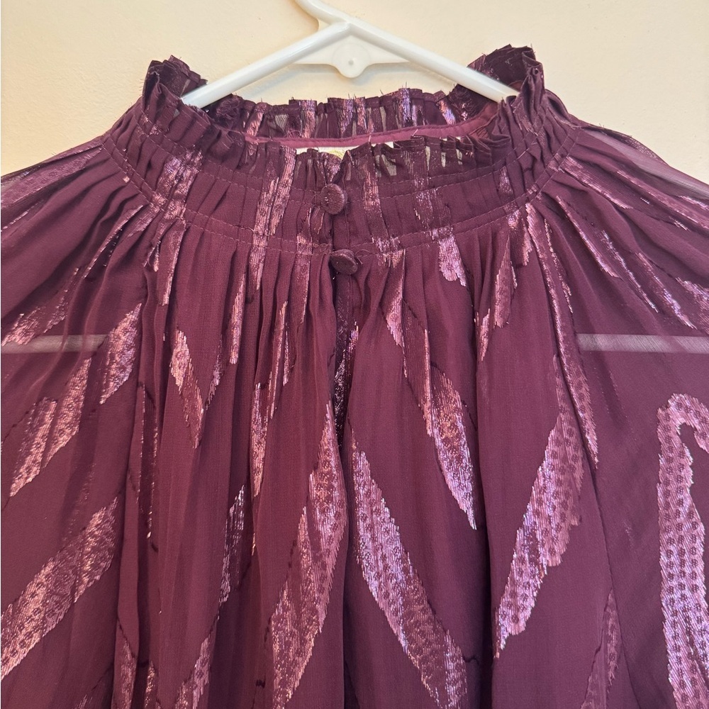Marie Oliver Silk Ruffled Stand Collar Blouse Size Medium Purple Metallic Top - Picture 2 of 6